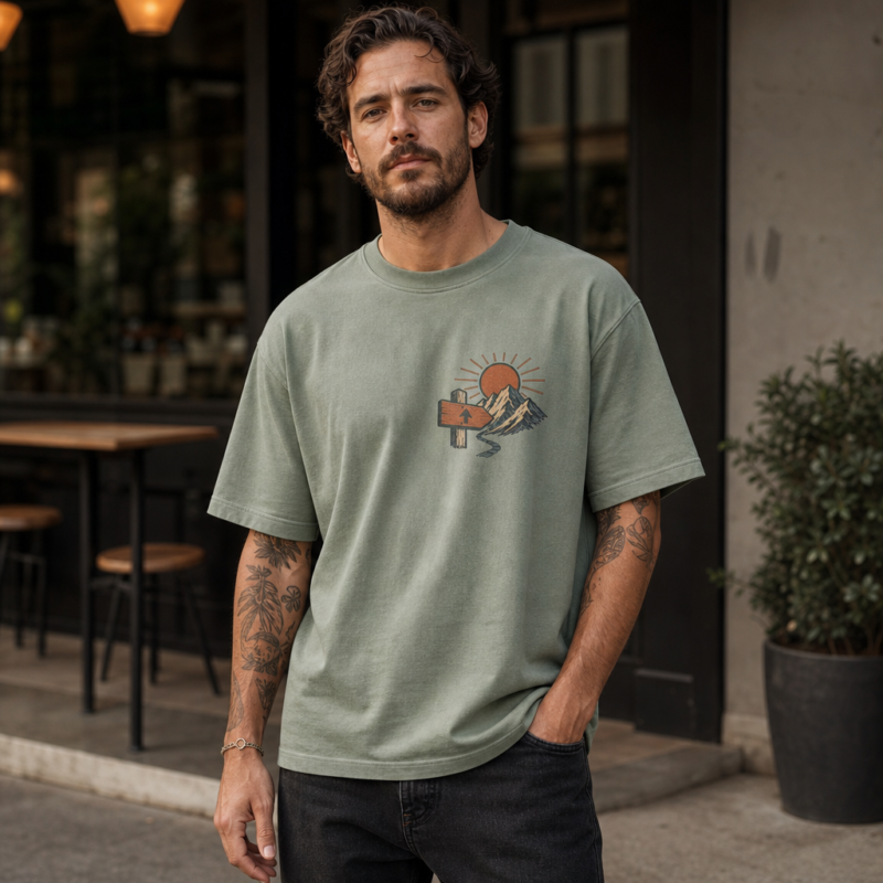 Wayfinder Heavyweight Tee in Sand – front view worn by an adult man