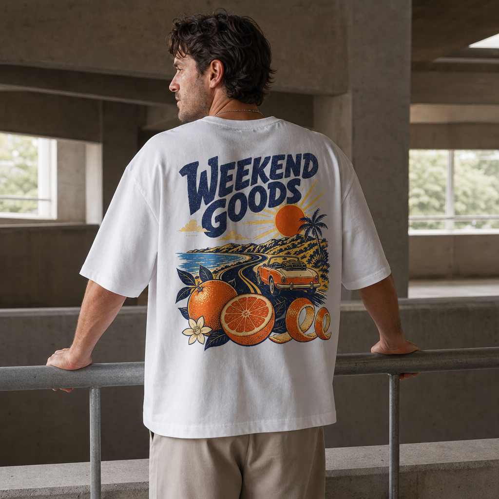 Weekend Goods Oversized Tee in White – back view worn by an adult man
