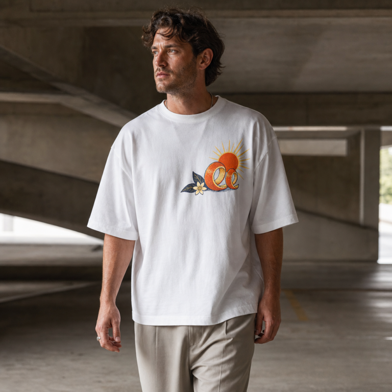 Weekend Goods Oversized Tee in White – front view worn by an adult man