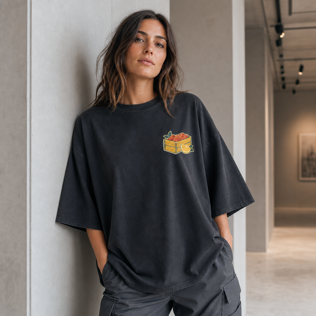 Wide Open Oversized Tee in Black – front view worn by an adult woman