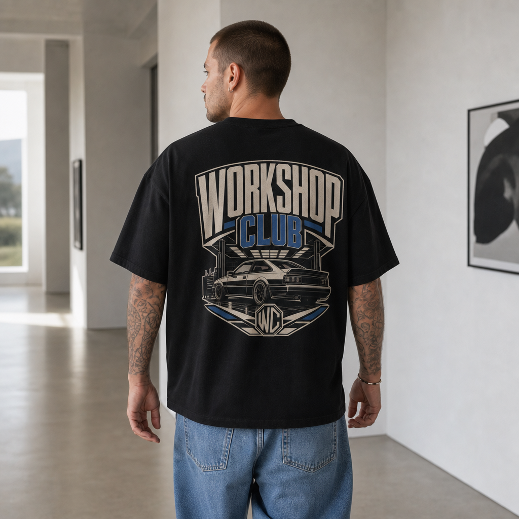 Workshop Club Boxy Tee in Natural – back view worn by an adult man