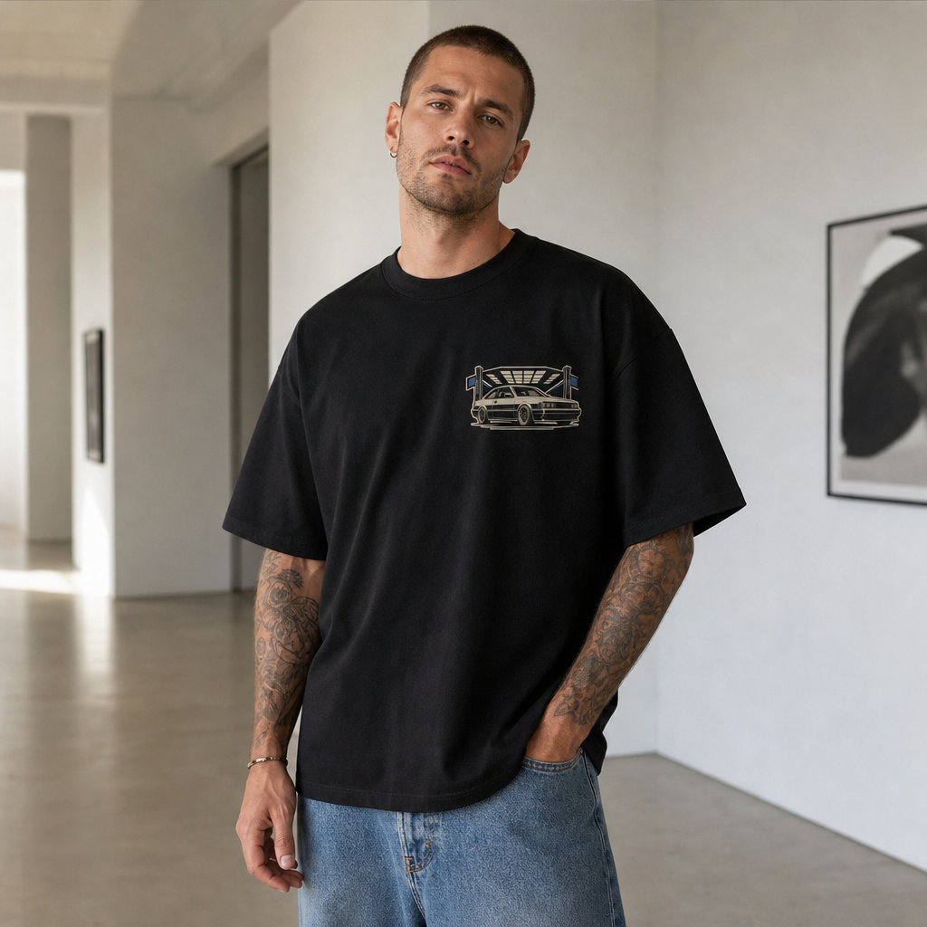 Workshop Club Boxy Tee in Natural – front view worn by an adult man