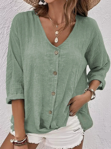 V-neck Long-sleeved T-shirt Fashion Solid Color Button Top Casual Loose Clothing For Women