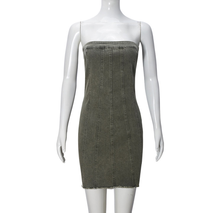 Women's Strapless Denim Mini Dress with Panel Seams