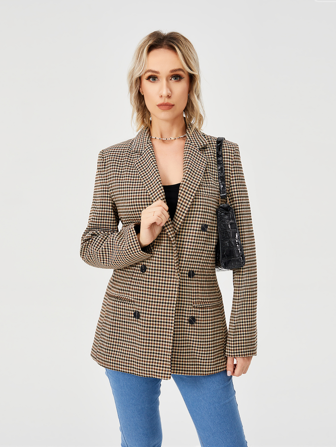Women's Houndstooth Double-Breasted Lapel Blazer