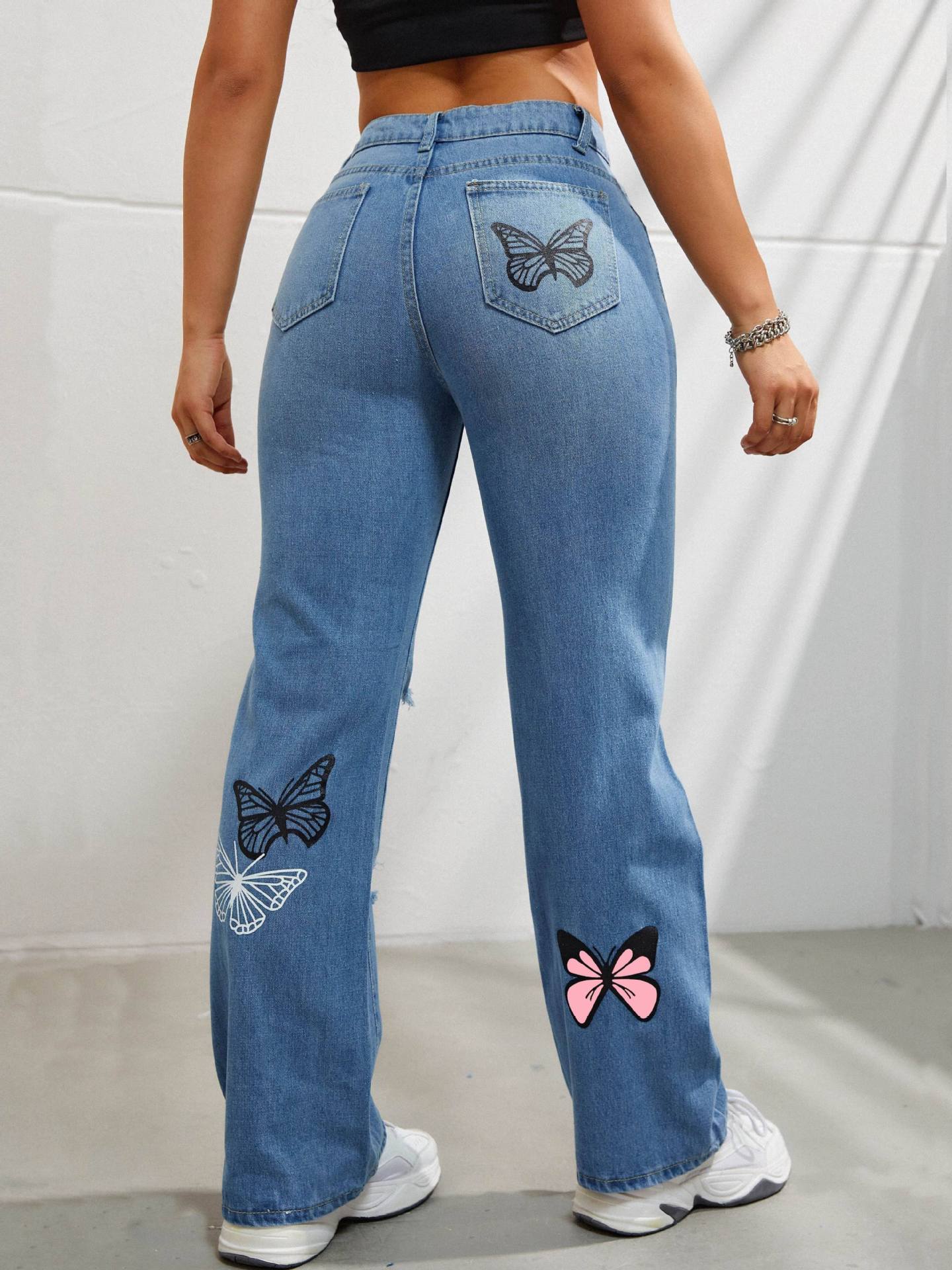 Women's High-Waisted Straight-Leg Butterfly Print Ripped Jeans