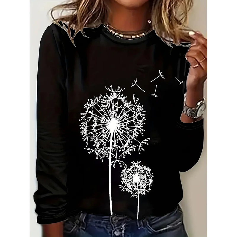 Women's Pink Dandelion Graphic Crewneck Long Sleeve T-Shirt