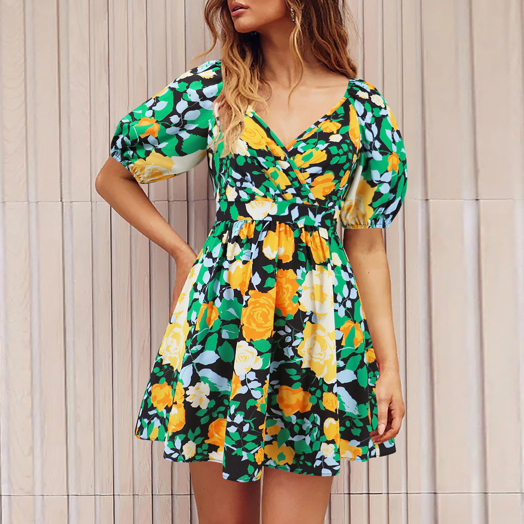 Women's Floral V-Neck Puff Sleeve Elastic Waist Mini Dress