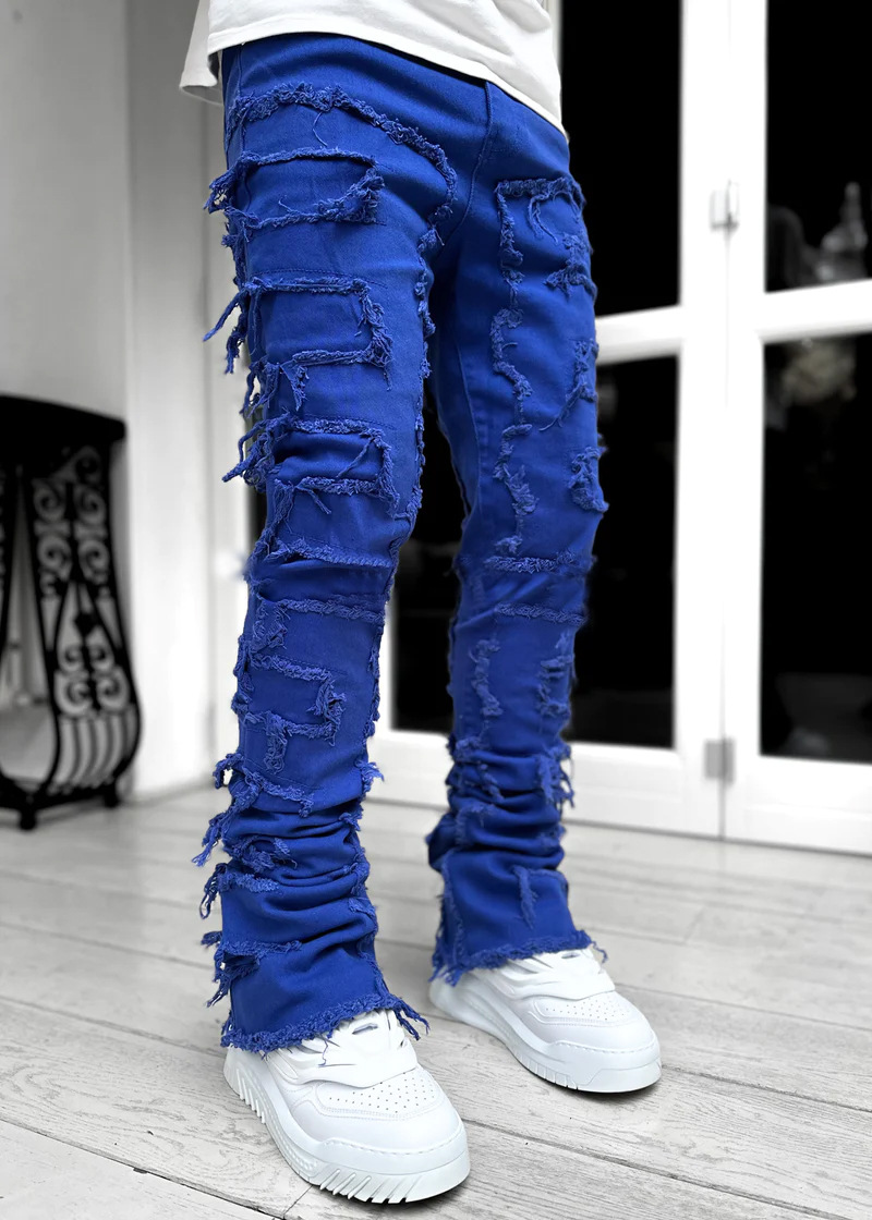 Men’s Slim Fit Stacked Ripped Patchwork Jeans
