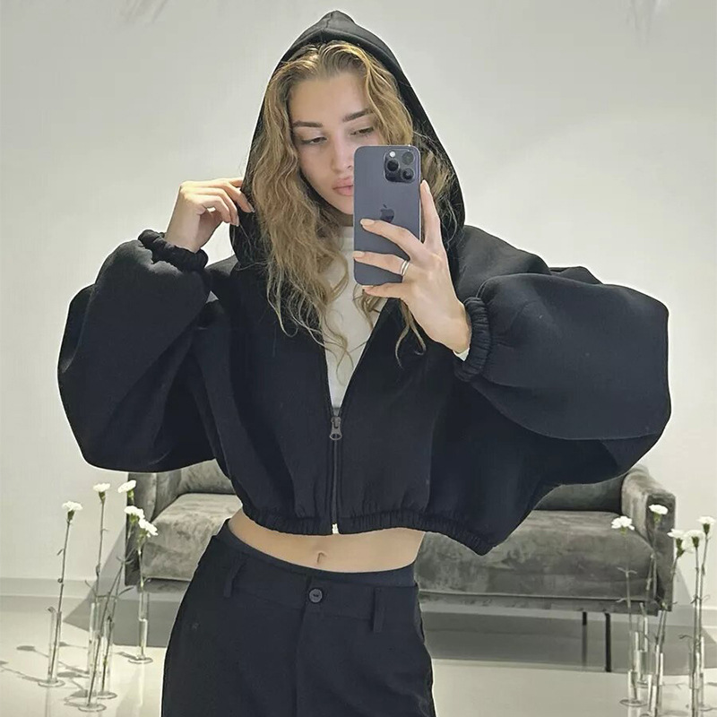 Women’s Cropped Hooded Zip Jacket with Balloon Sleeves