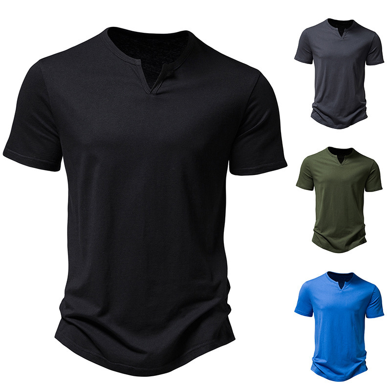 Men's Cotton Notched Collar Short-Sleeved Curved Hem T-Shirt
