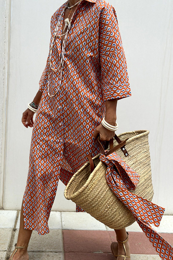 Women's Patterned Shirt Dress with Belt and Button Front