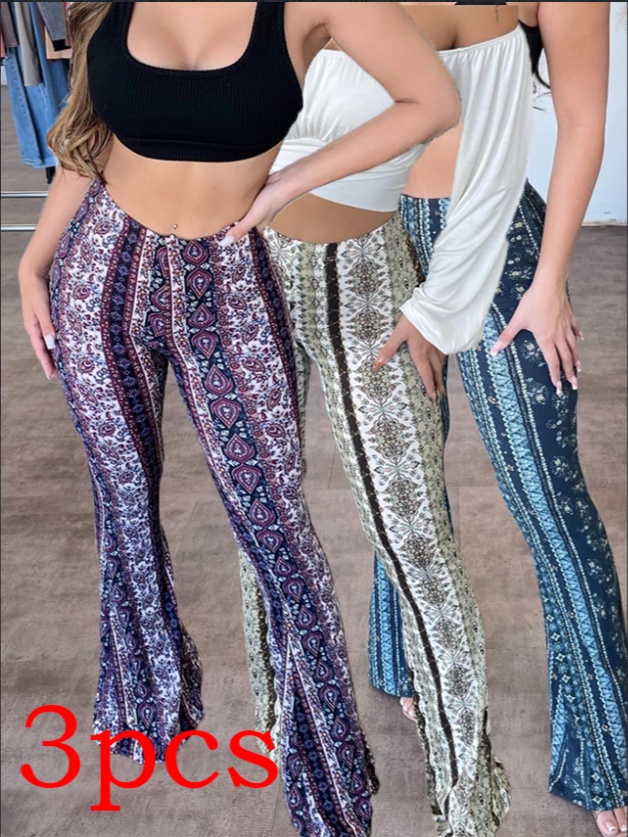 Women’s Printed Low-Rise Flared Trousers with Vertical Pattern