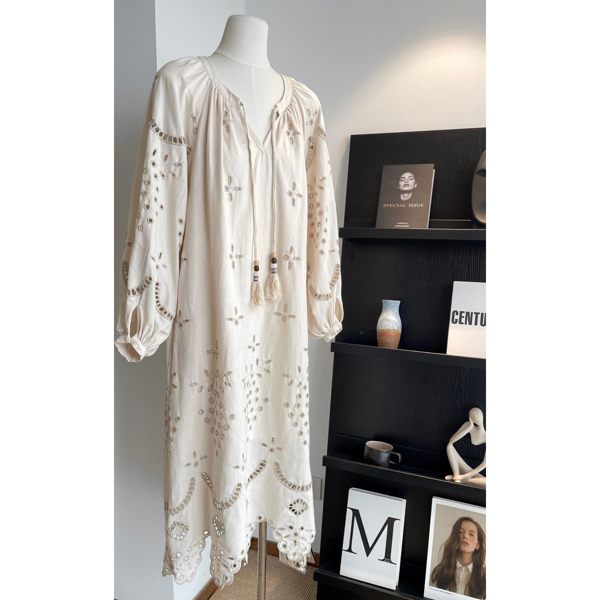 Women’s White Eyelet Embroidered V-Neck Maxi Dress