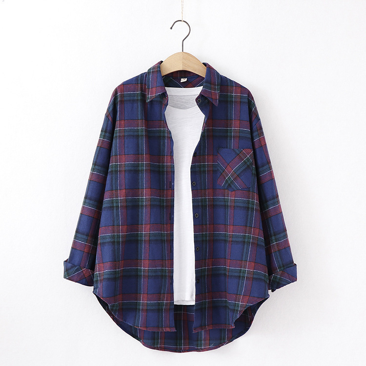 New Brand Plaid Shirt Women Loose Plus Size Blouse Female Long Sleeve Blouses Cotton Flann