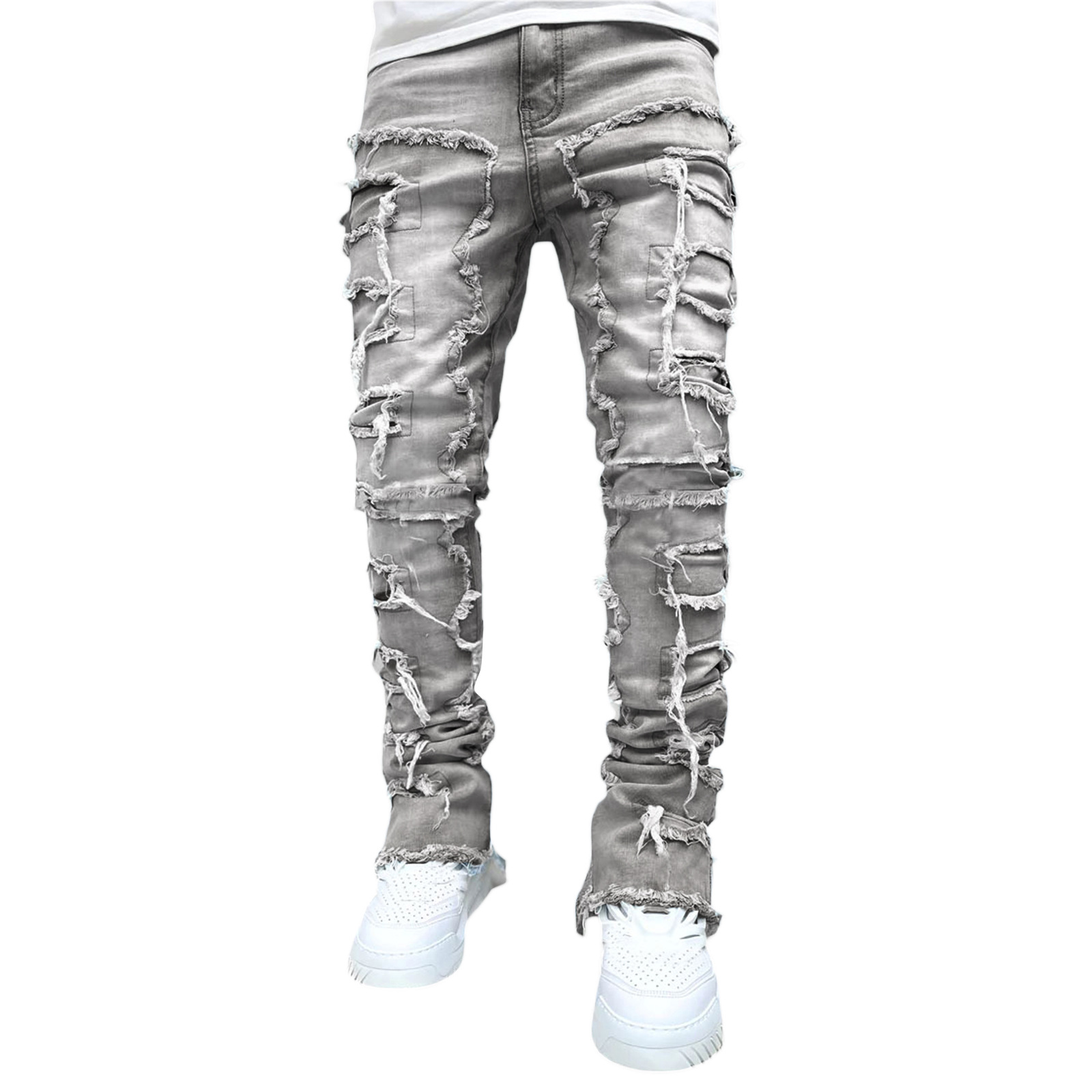 Men’s Slim Fit Stacked Ripped Patchwork Jeans