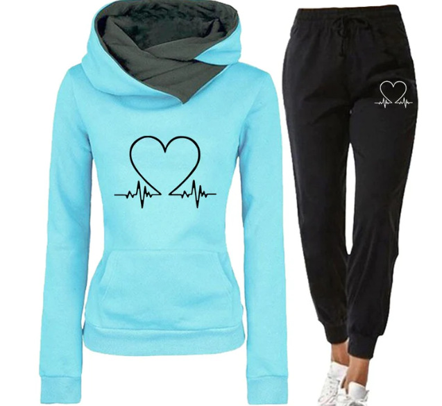 Women's Heartbeat Graphic Hooded Tracksuit Set with Joggers