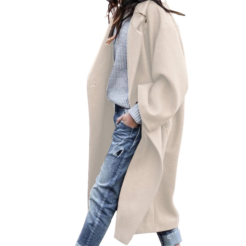 Women’s Long Lapel Coat with Pockets and Single-Breasted Front