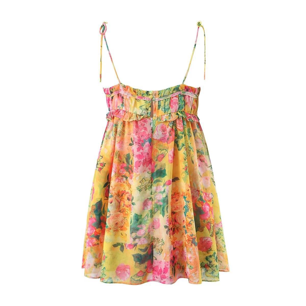 Women's Yellow Floral Print Tie-Shoulder Mini Dress