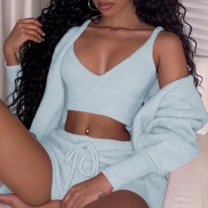 Women’s Three-Piece Textured Crop Vest, Shorts and Cardigan Set