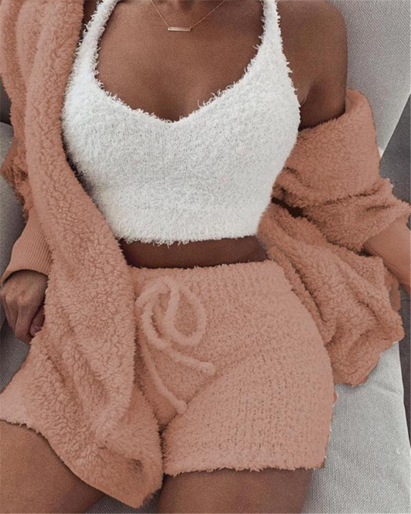 Women’s Three-Piece Textured Crop Vest, Shorts and Cardigan Set