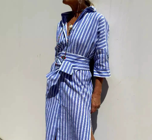 Women's Patterned Shirt Dress with Belt and Button Front