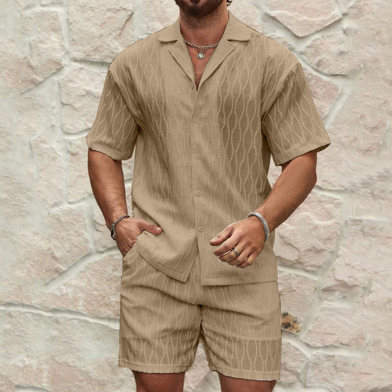 Men Tracksuits Summer Fashion Solid Loose Casual Two Pieces Lapel Button Shirt Shorts Beac