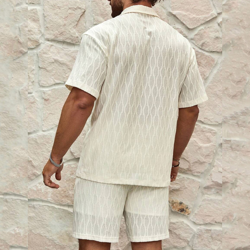 Men Tracksuits Summer Fashion Solid Loose Casual Two Pieces Lapel Button Shirt Shorts Beac