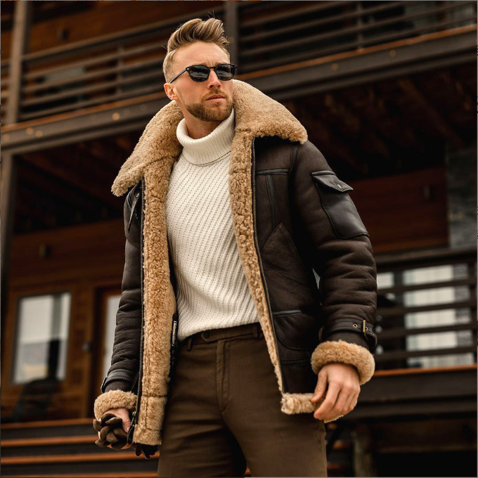 Men’s Shearling-Trim Zip Jacket with Multiple Pockets