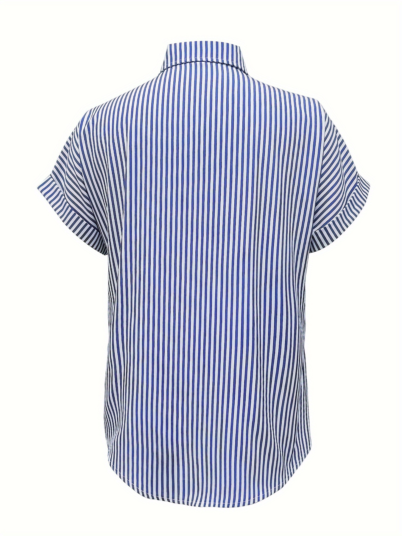 Elegant Plus Size Striped Blouse With Pocket - Casual Short Sleeve, Button-up Collared Shi