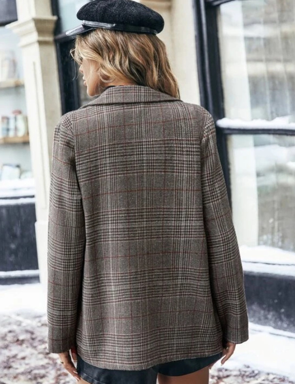Women's Brown Plaid Single-Button Lapel Blazer
