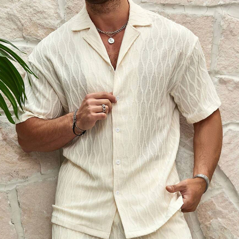 Men Tracksuits Summer Fashion Solid Loose Casual Two Pieces Lapel Button Shirt Shorts Beac