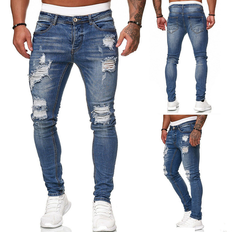 Fashion Street Style Ripped Skinny Jeans Men Vintage Wash Solid Denim Trouser Mens Casual