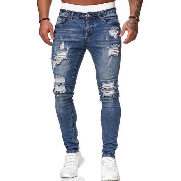 Fashion Street Style Ripped Skinny Jeans Men Vintage Wash Solid Denim Trouser Mens Casual