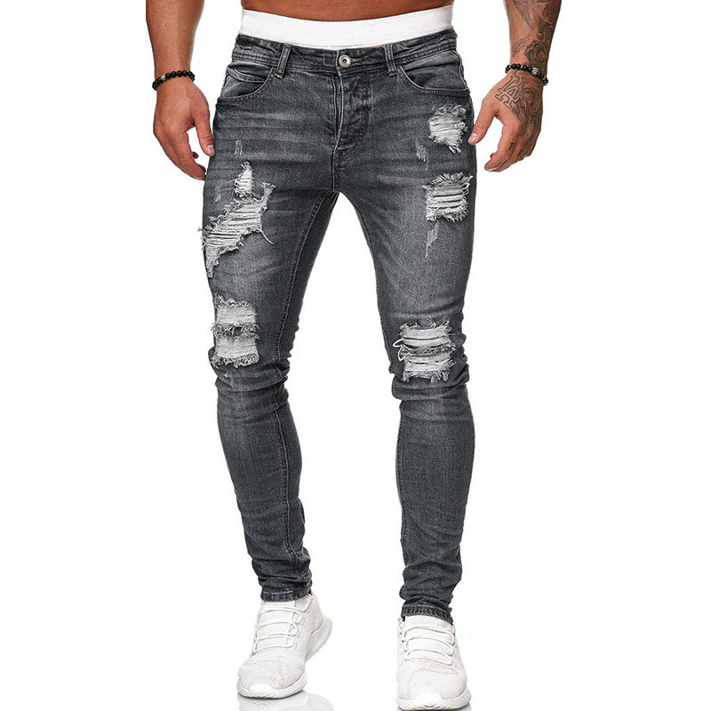 Fashion Street Style Ripped Skinny Jeans Men Vintage Wash Solid Denim Trouser Mens Casual