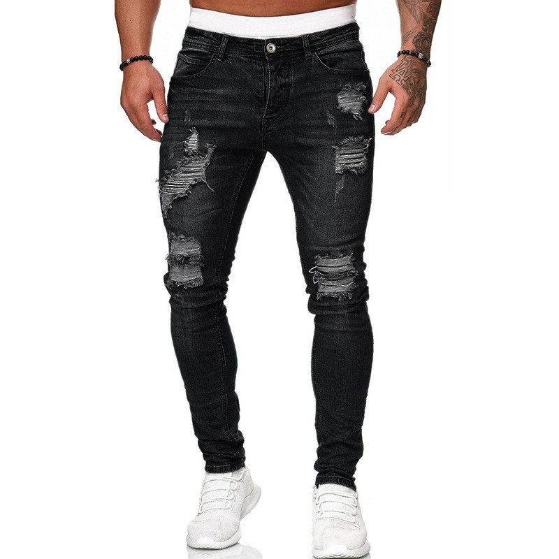 Fashion Street Style Ripped Skinny Jeans Men Vintage Wash Solid Denim Trouser Mens Casual