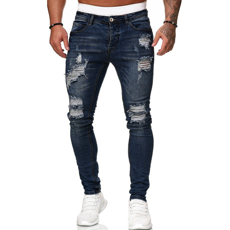 Fashion Street Style Ripped Skinny Jeans Men Vintage Wash Solid Denim Trouser Mens Casual