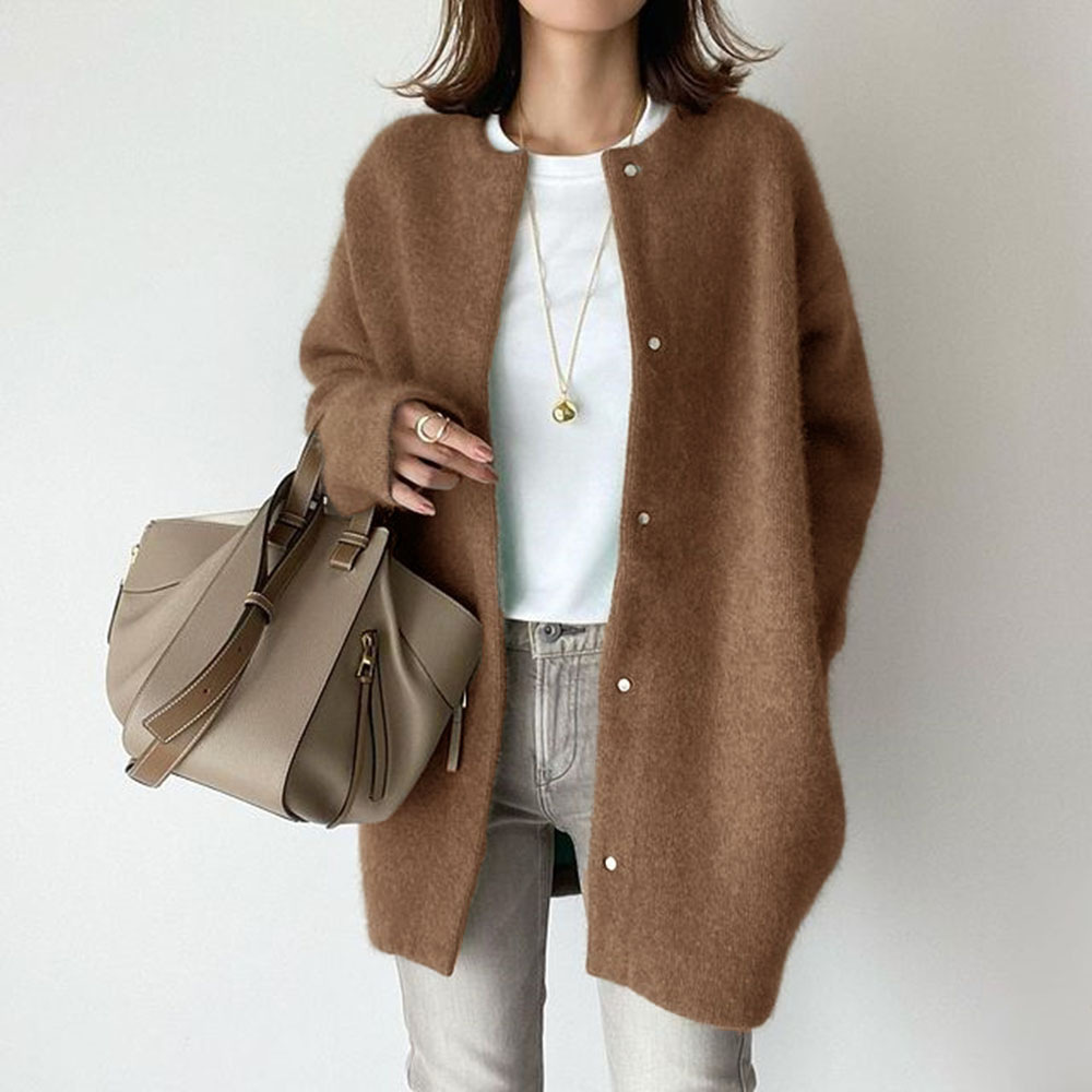 Women's Textured Knit Round Neck Button Front Cardigan