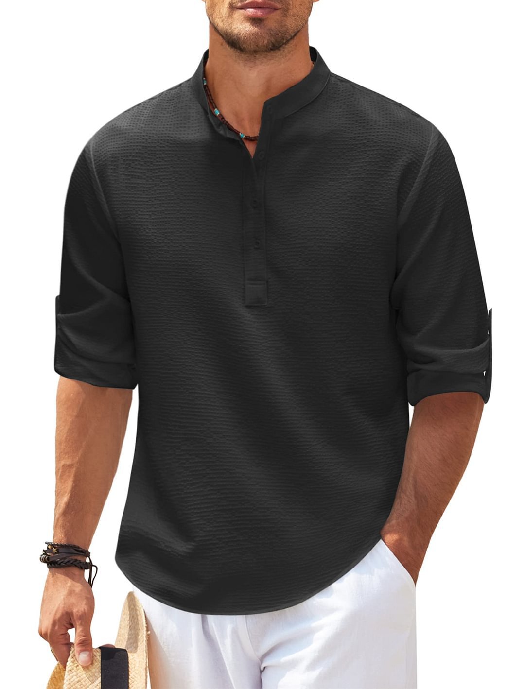 Men's Textured Stand Collar Long Sleeve Shirt