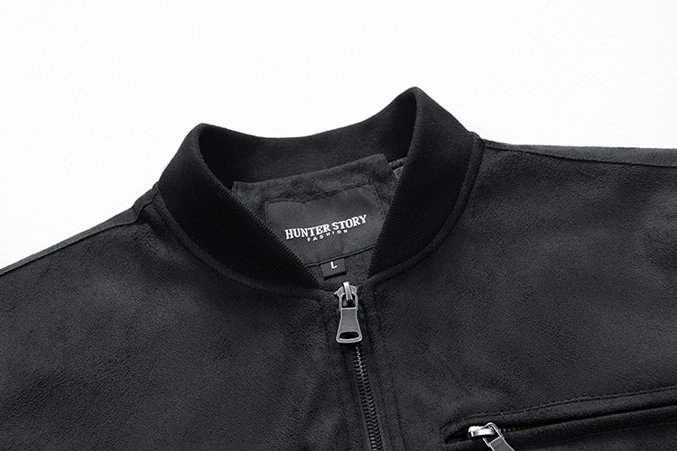 Men’s Suede-Effect Bomber Jacket with Stand Collar and Zip Pockets