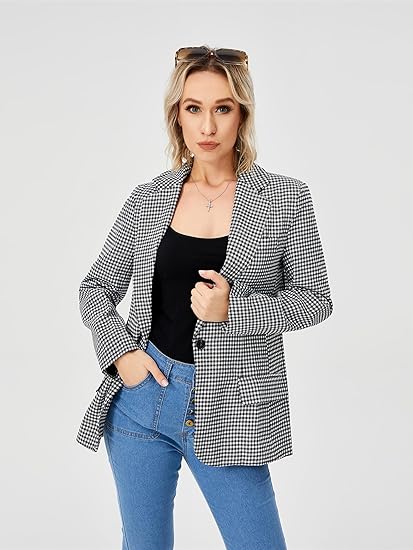 Women's Houndstooth Double-Breasted Lapel Blazer