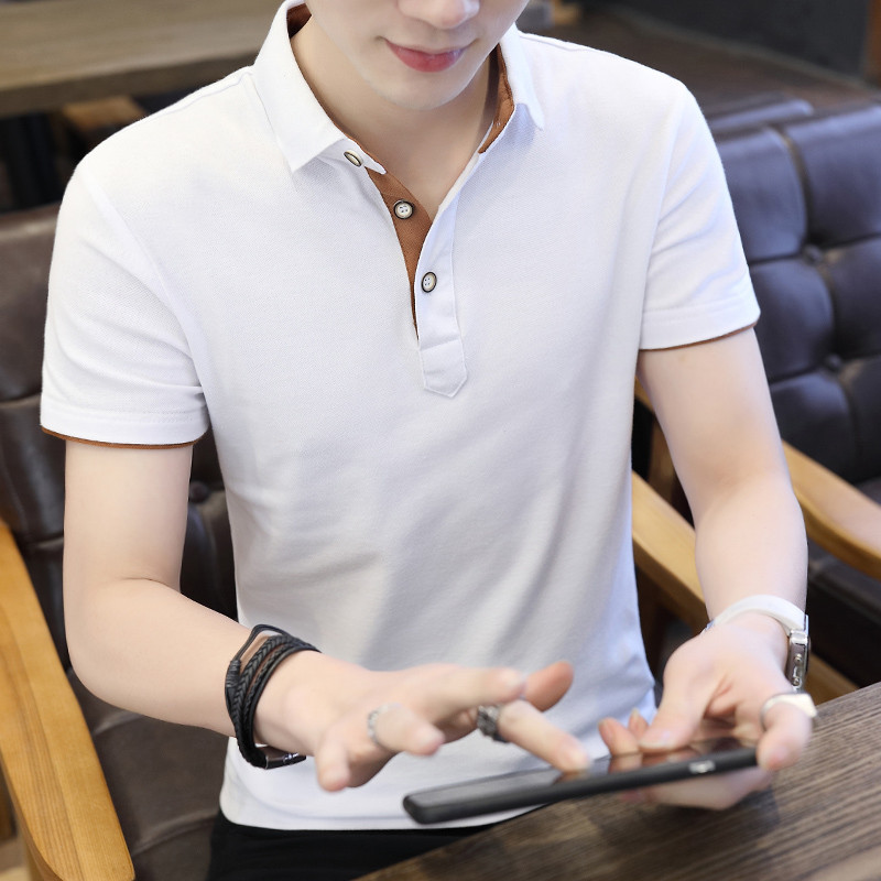 Polo Shirt For Men Casual Short Sleeve Polo Shirts Patchwork Turn-down Collar Zipper T-shi