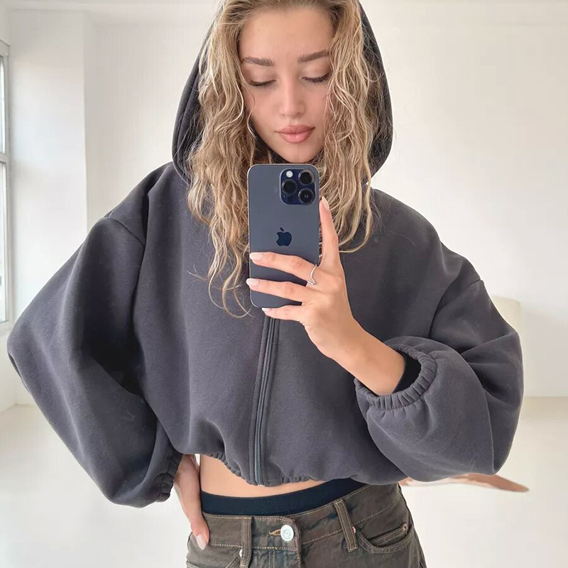 Women’s Cropped Hooded Zip Jacket with Balloon Sleeves