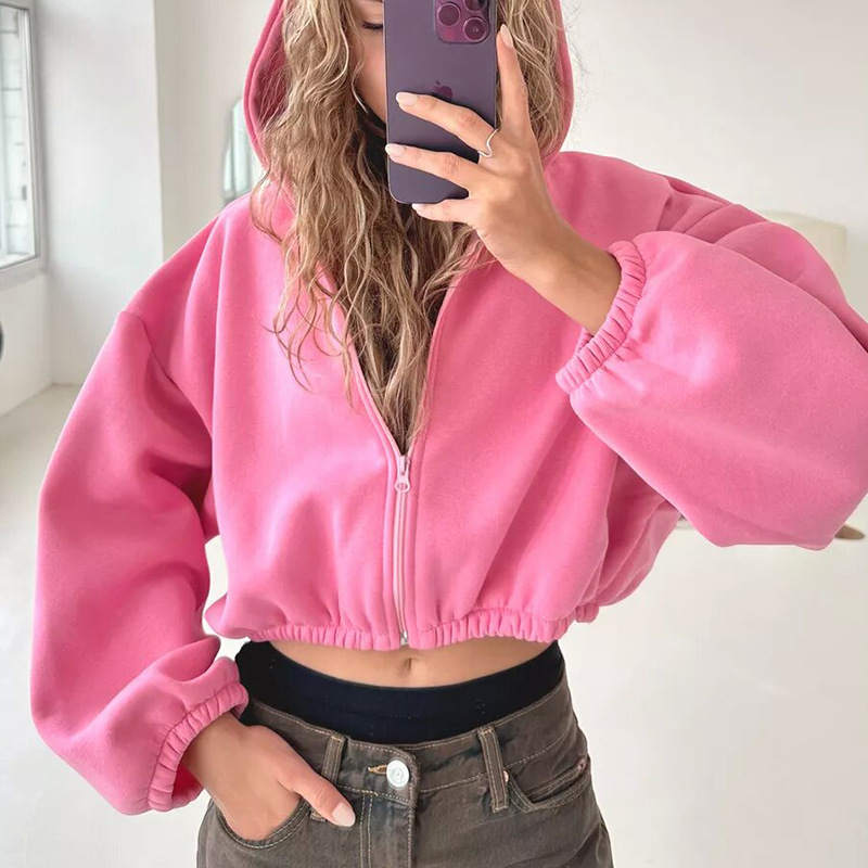Women’s Cropped Hooded Zip Jacket with Balloon Sleeves