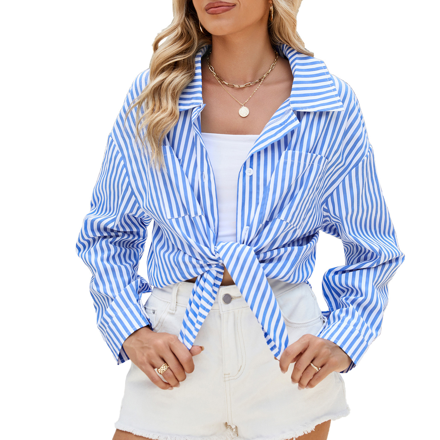 Women's Striped Long Sleeve Shirt With Tie Front