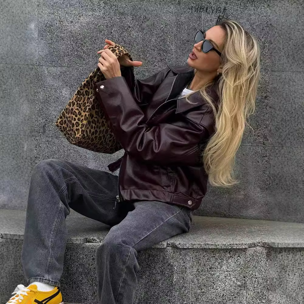 Women's Faux Leather Lapel Zip-Front Jacket