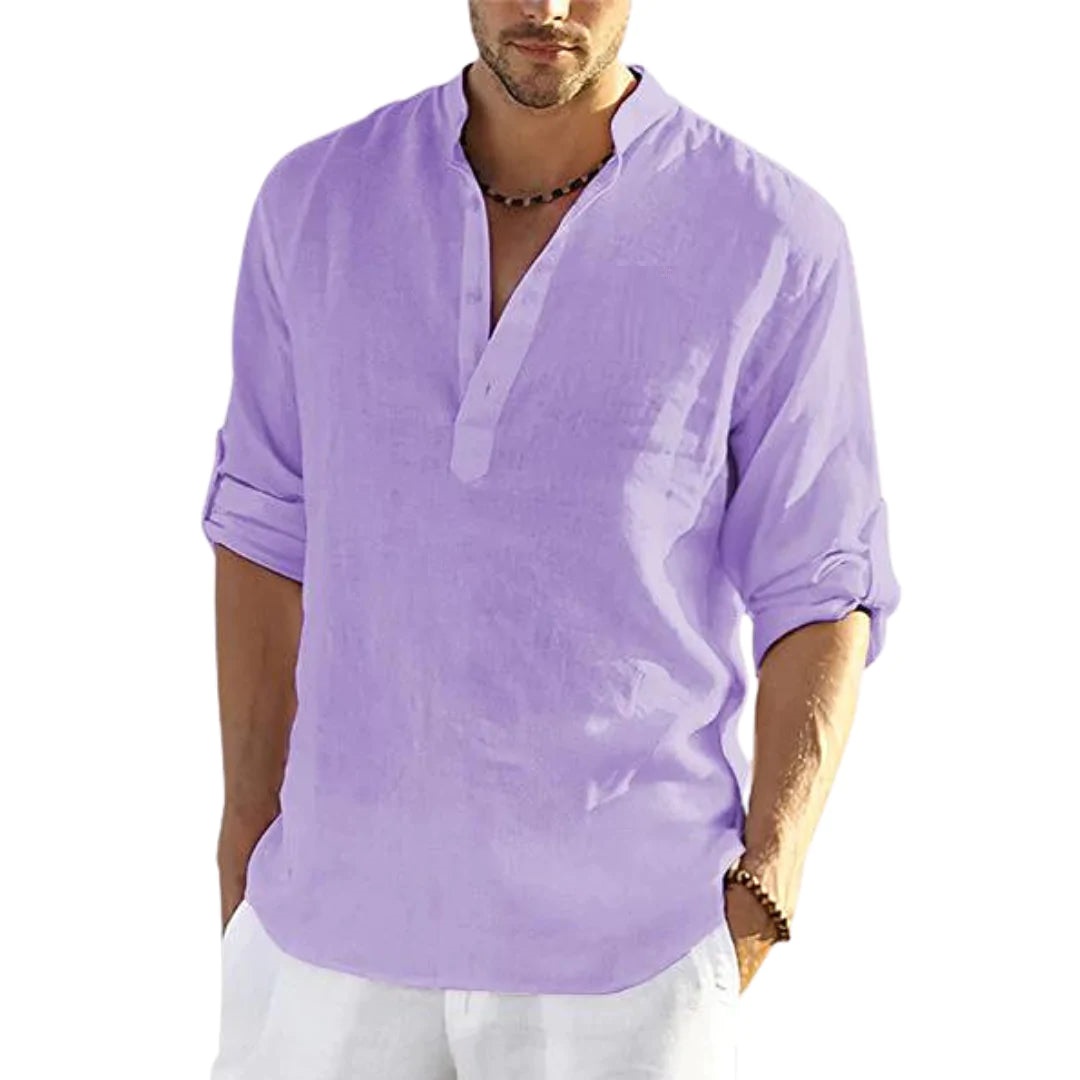 Men’s Stand Collar Roll-Sleeve Henley Shirt