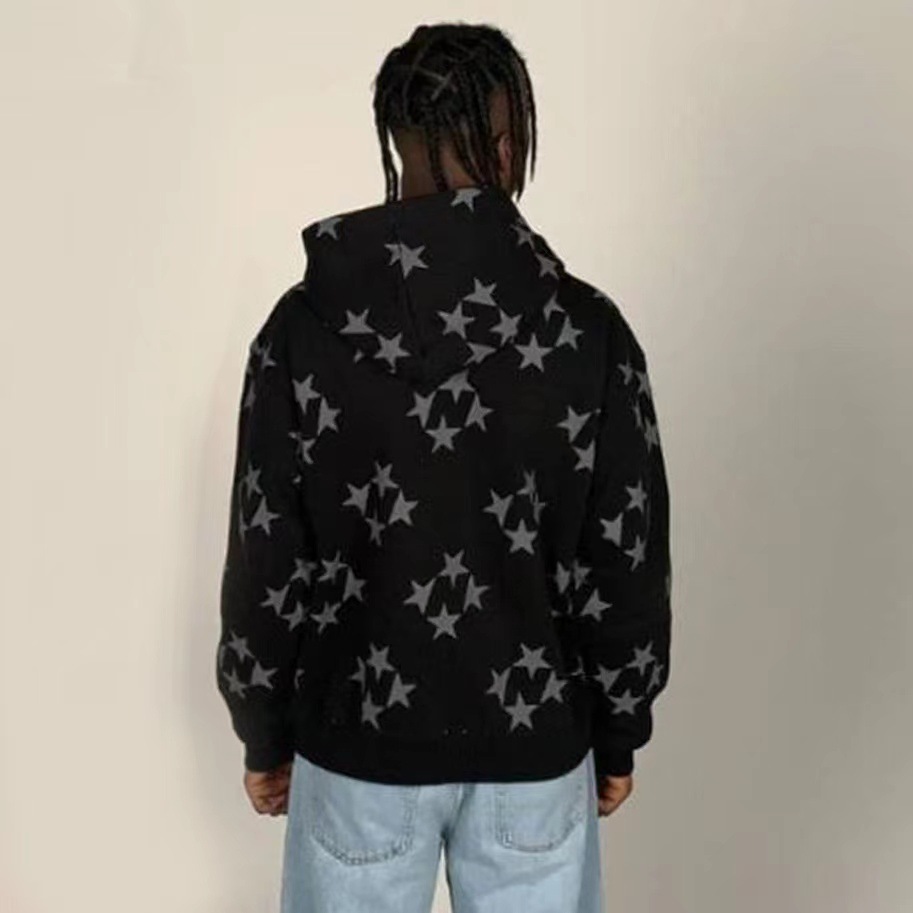 Stars Printed Zipper Hooded Cardigan Couple Fashion Outerwear Hoodies Sweatshirt Street Me