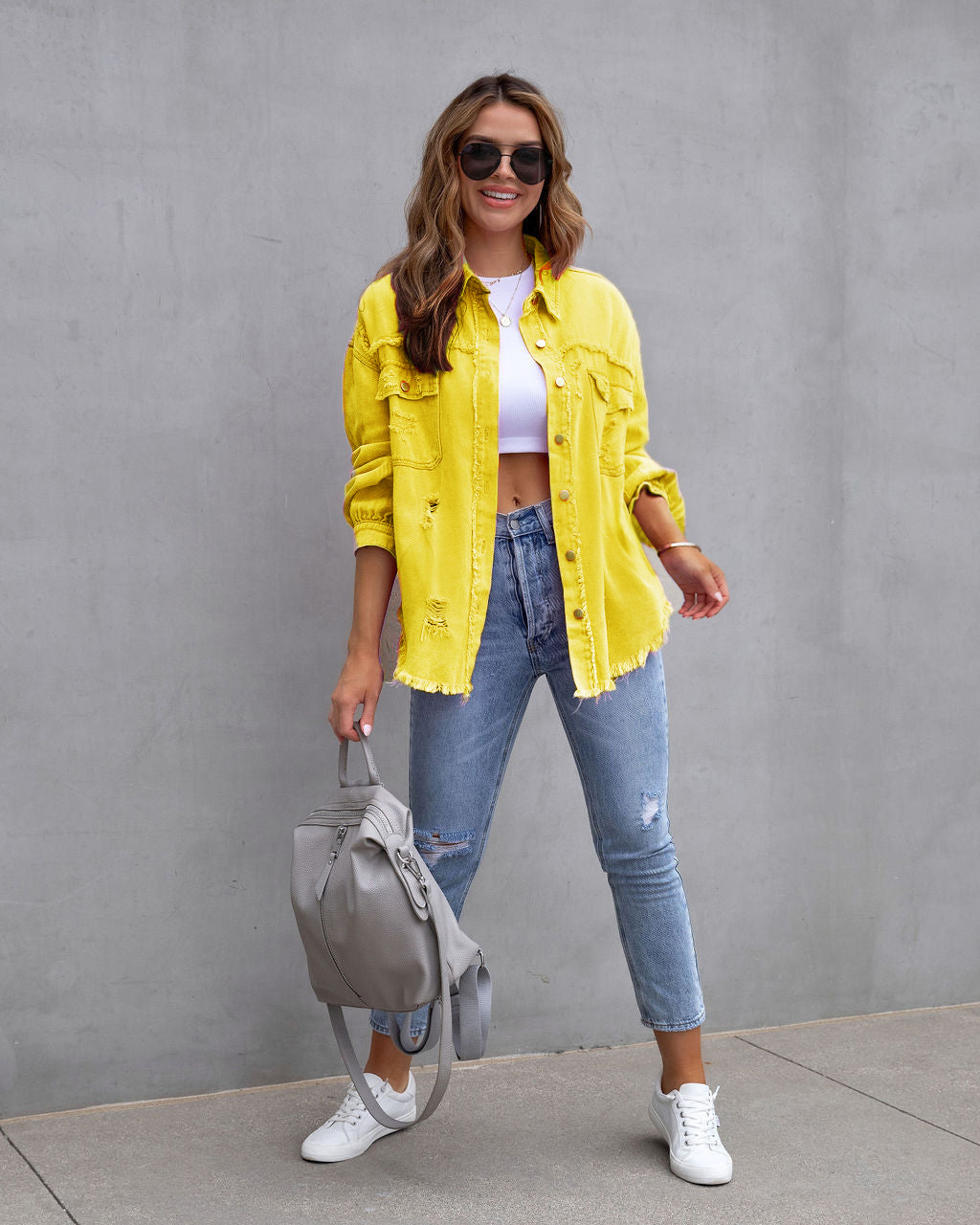 Women's Oversized Distressed Frayed Hem Shirt Jacket