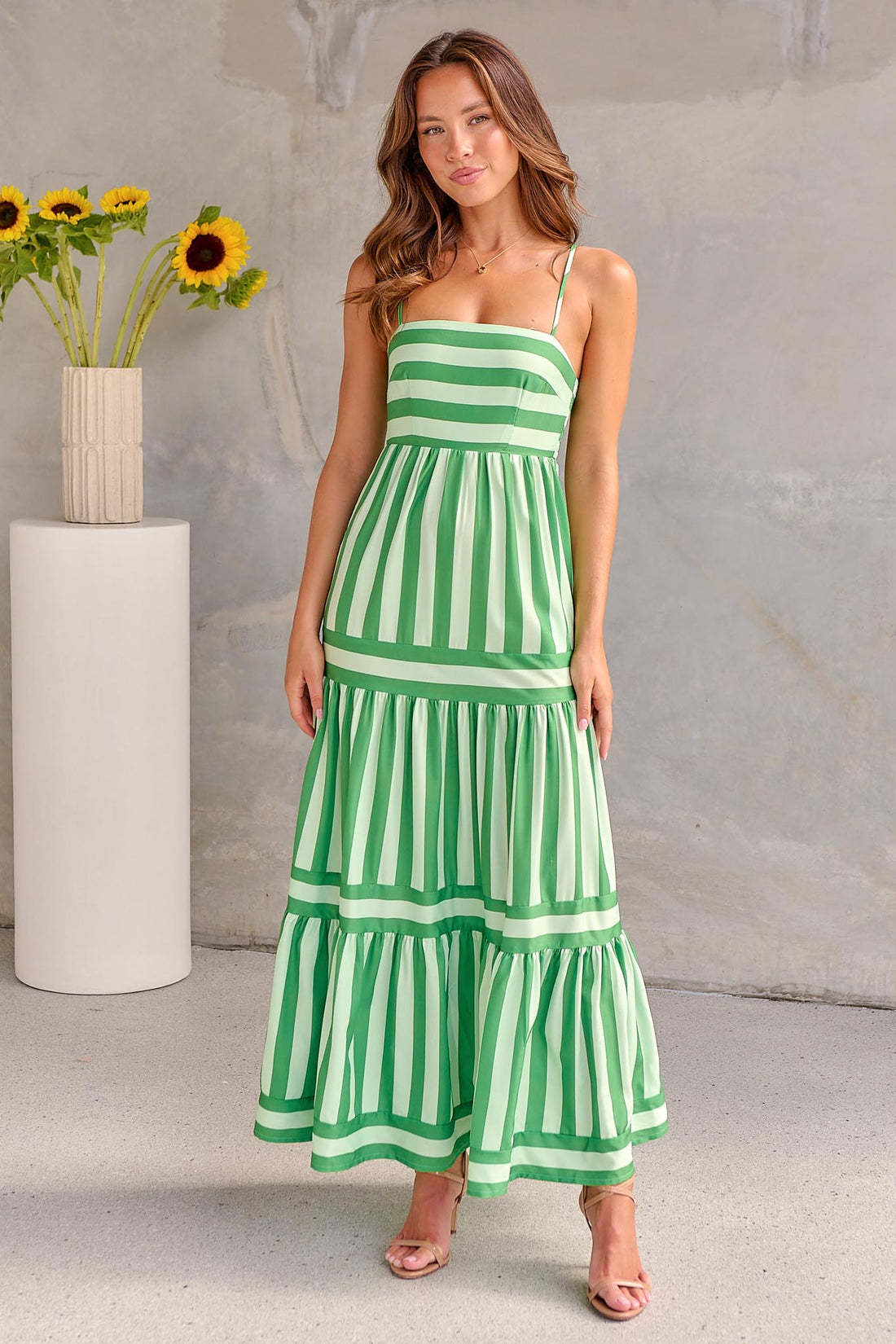 Women's Striped Tiered Maxi Dress with Square Neck and Pockets